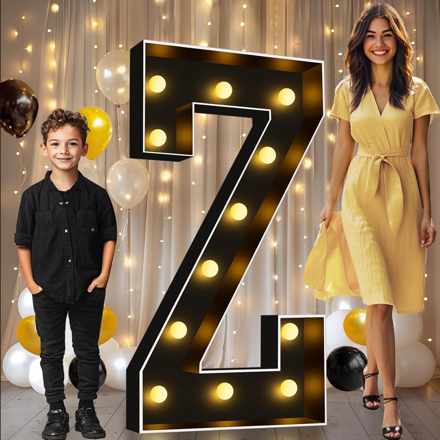 Pooqla 4 FT Marquee Light Up Letters, Black Marquee Letter Lights 4 Feet Tall for Birthday Decoration, Big Mosaic Letters Sign for Balloons Party Anniversary Wedding Decorations, Giant Warm White Z