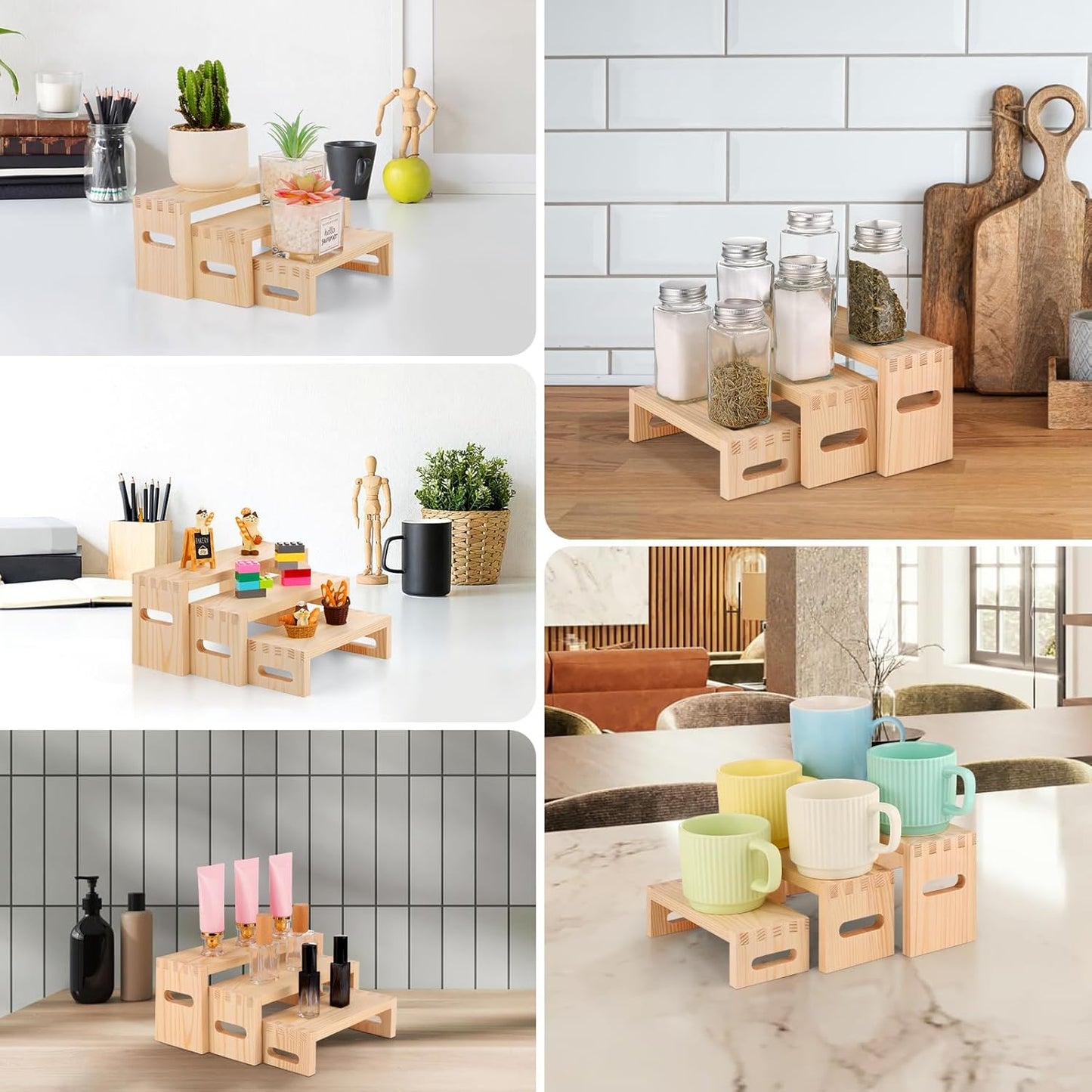 6 Pcs Wood Risers Display Stands, 2 Set Wooden Risers for Table Display, 3 Tier Rectangular Riser Display Stand Wooden for Cupcake, Desserts, Perfume, Collections, Jewelry Showcase (Nature)