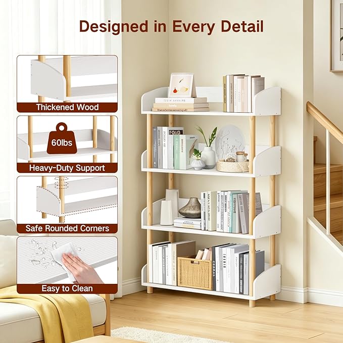 4-Tier Wooden Bookshelf, Modern Open Bookcase - Image 4