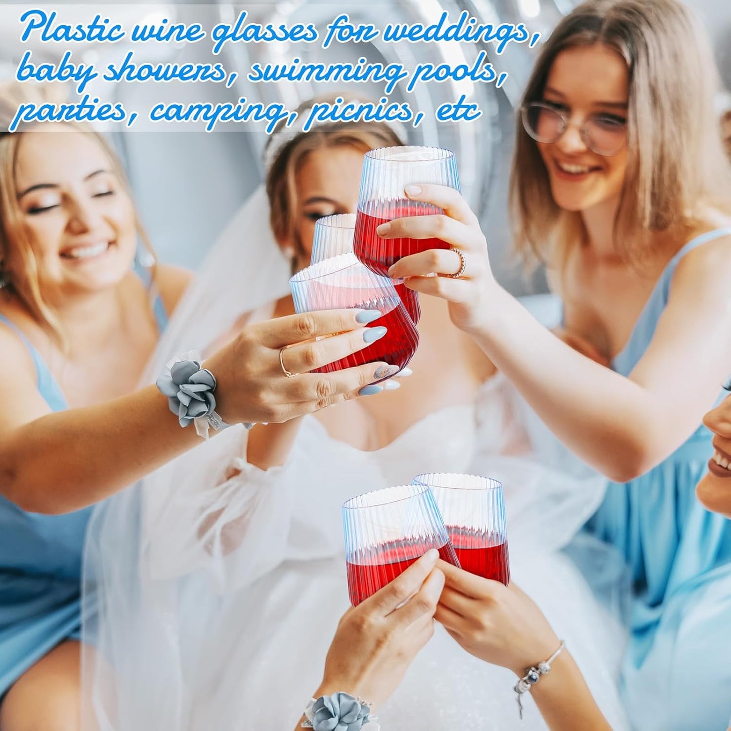 Suclain Plastic Wine Glasses Ribbed Stemless Wine Glasses 14oz Vertical Design Unbreakable Cups for Outdoor Indoor Vintage Elegant Champagne Whiskey Cups for Party Wedding (Blue,20 Pcs)