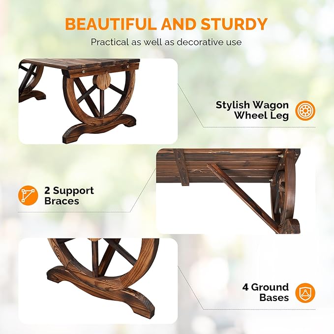 VINGLI Rustic Wooden Wheel Bench Outdoor Bench, Patio Bench Wagon Slatted Seat - Image 4
