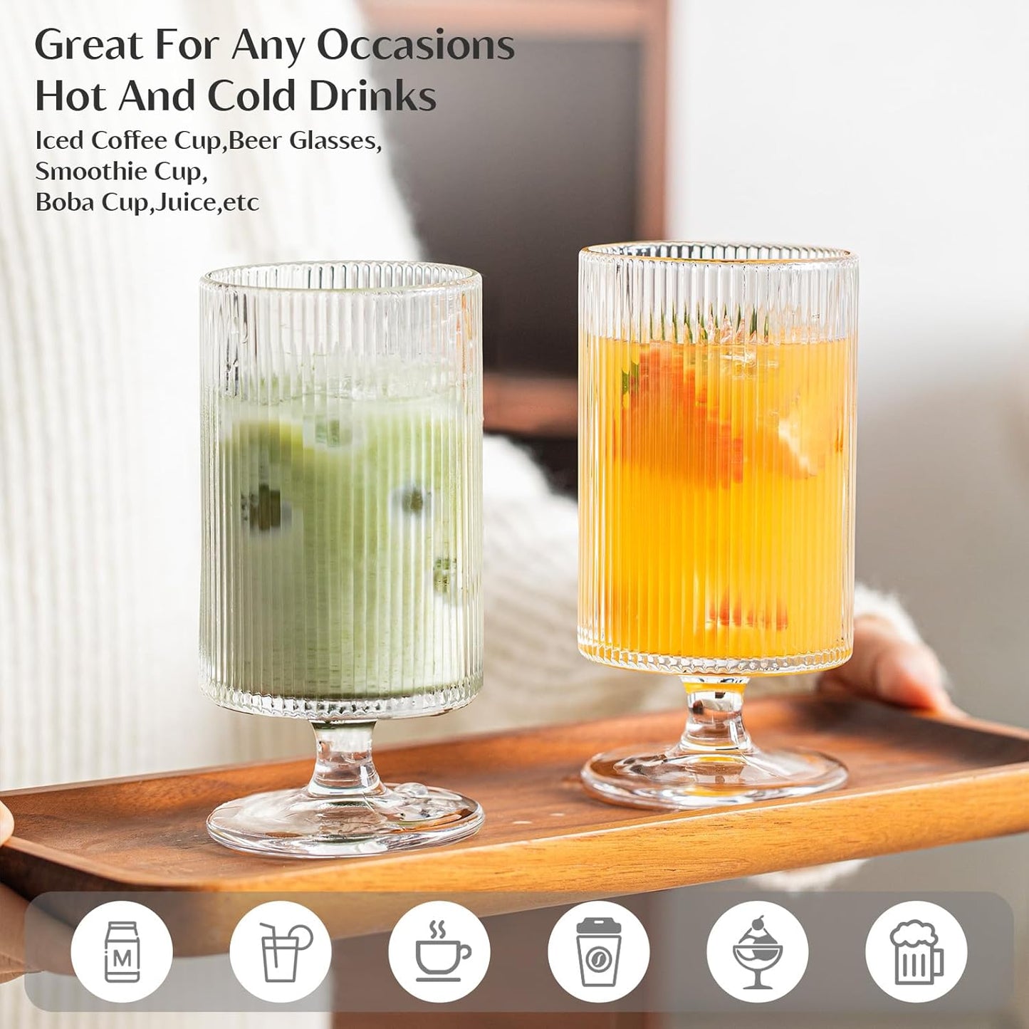 INSETLAN Set of 8 Ribbed Glass Goblets–4 Goblets Glassware 12oz, 4 Short Stem Wine Glasses 10oz, Vertical Stripe Stemmed Glassware, Ideal for Juice, Water, Iced Coffee, Whiskey, Mixed Drinkware