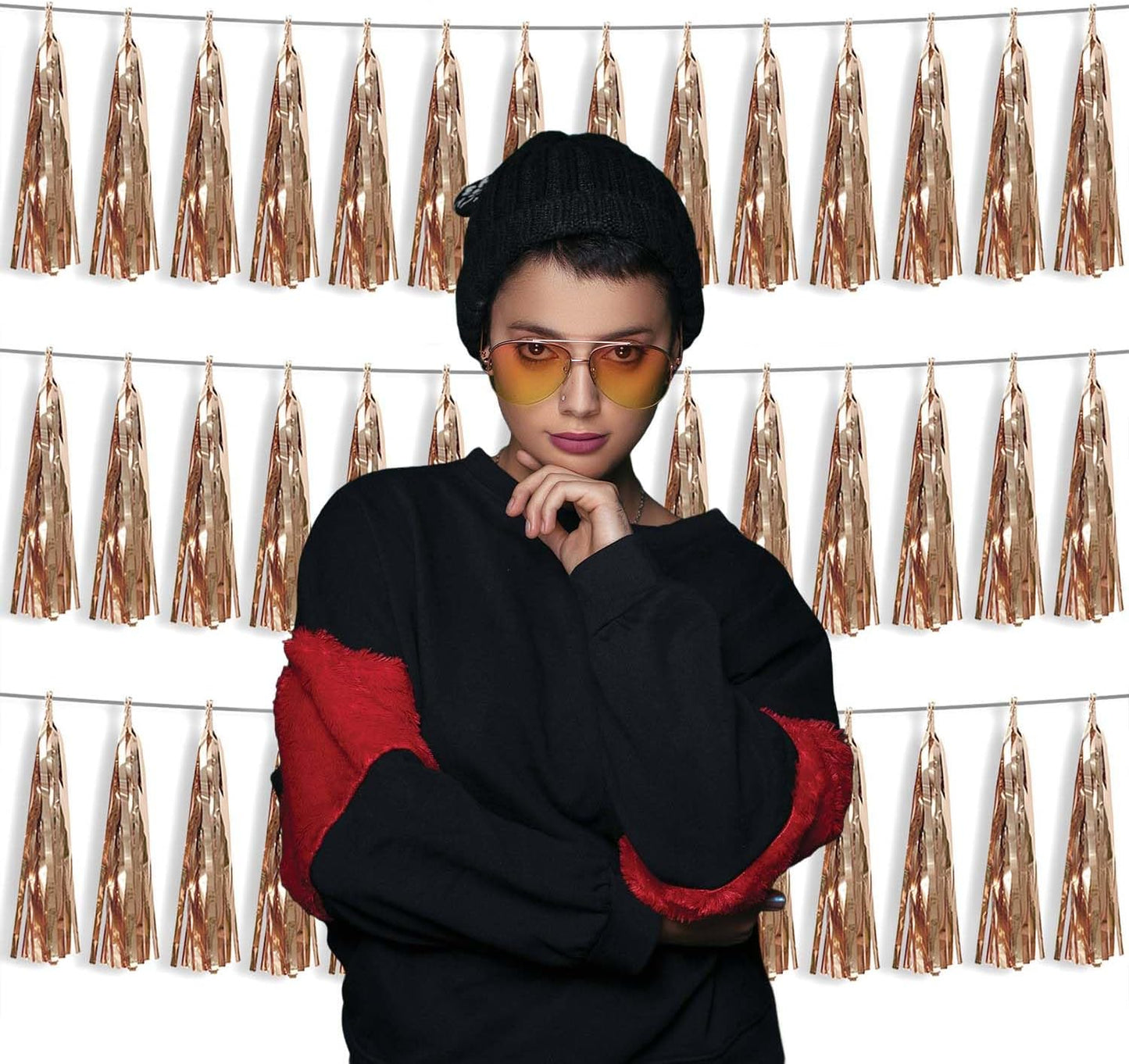 3P Metallic Fringe Tassel Banner Garland Foil Tinsel Streamer Wall Hanging Curtain Backdrop Banner for Parade Floats, Graduation Decorations, Wedding Party Decoration(Champagne Gold)