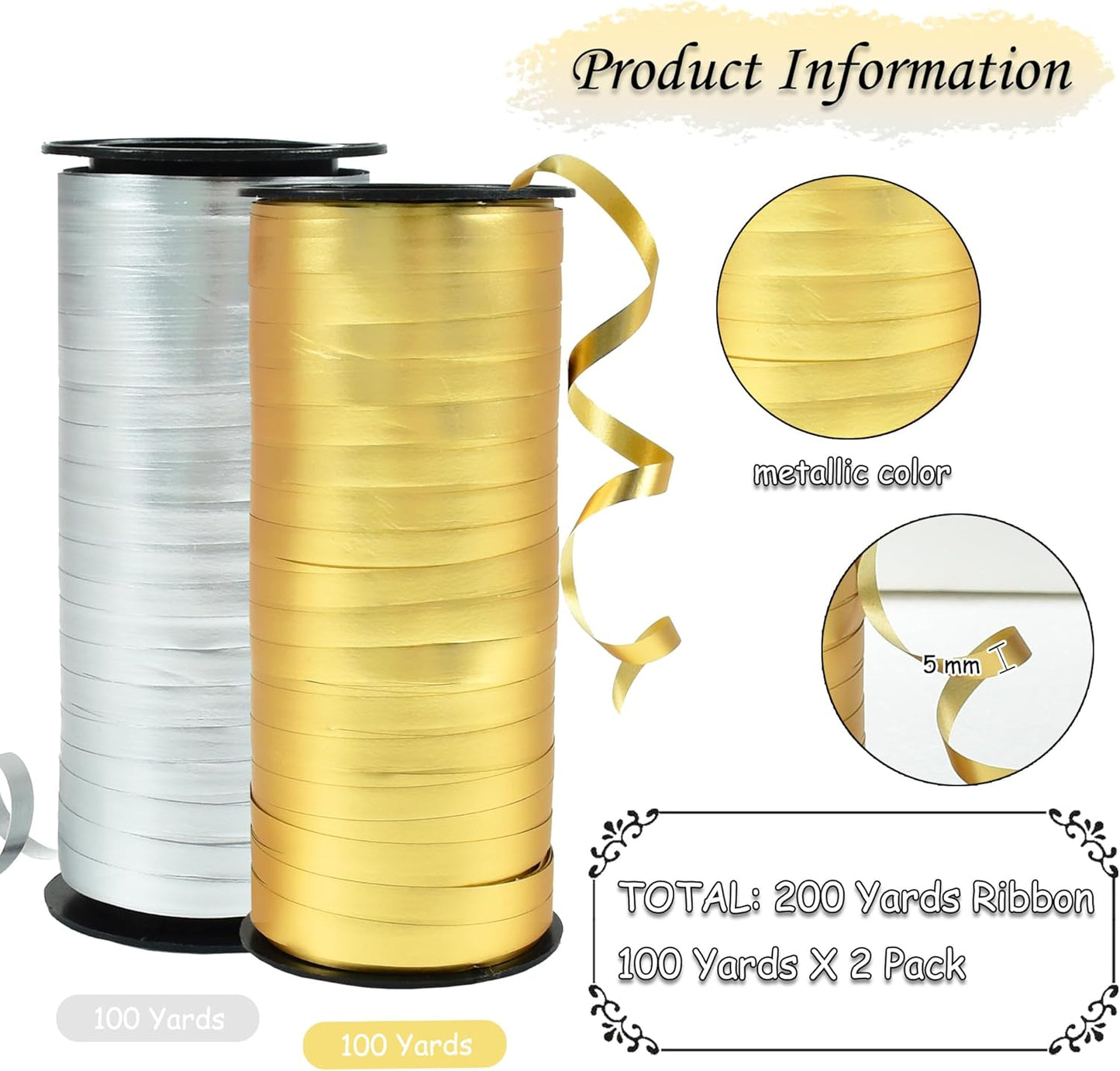 BEISHIDA Gold and Silver Curling Ribbons Balloon String Ribbons - 2 Pack 100 Yards for Gift Warppping Birthday Christmas Party Decorations