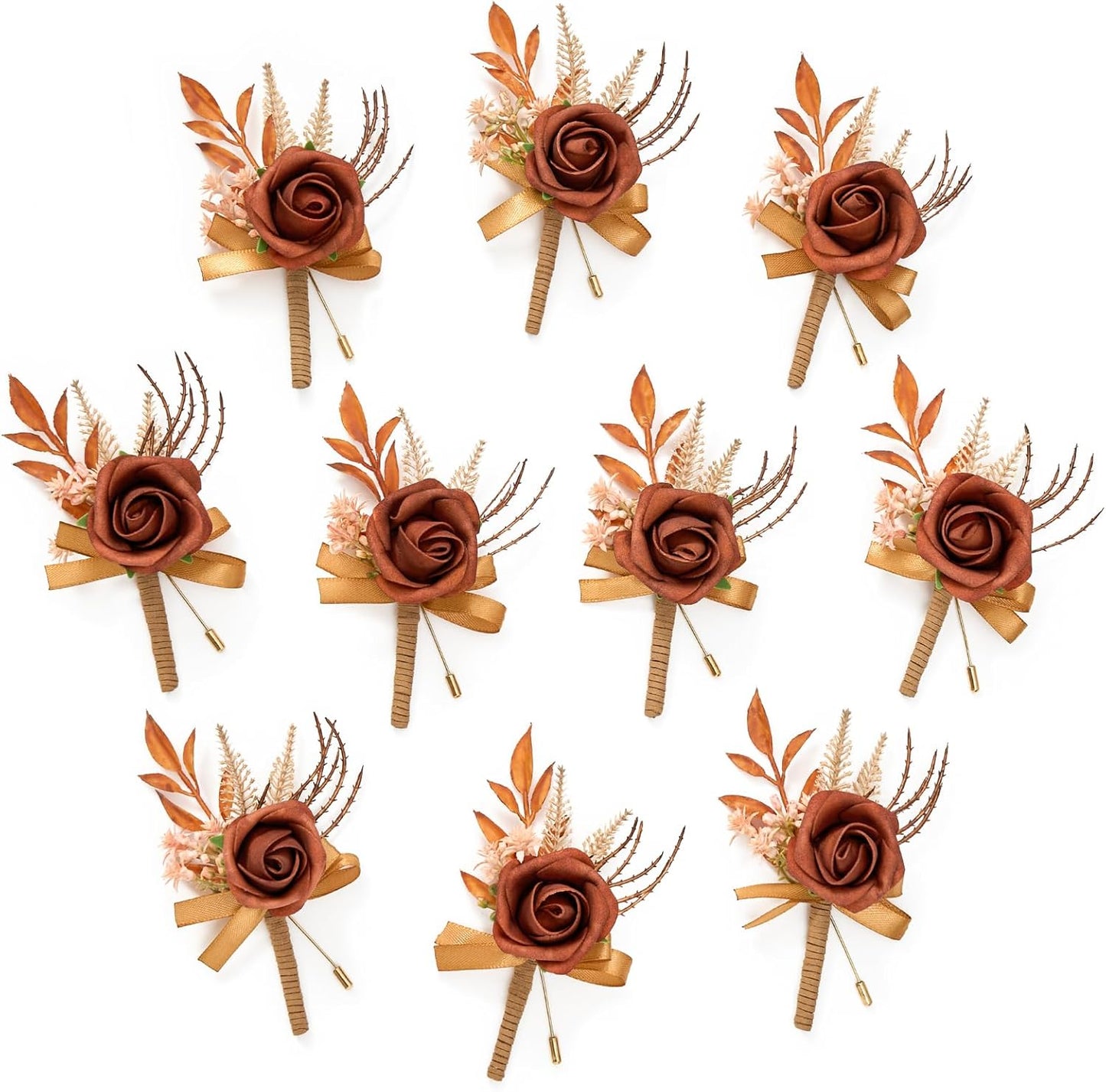 Serwalin 10Pcs Boutonniere for Men, Burnt Orange Groom and Best Man Boutonniere, Artificial Flowers for Wedding Decor, Prom, Homecoming, Ceremony Anniversary, Formal Dinner Party