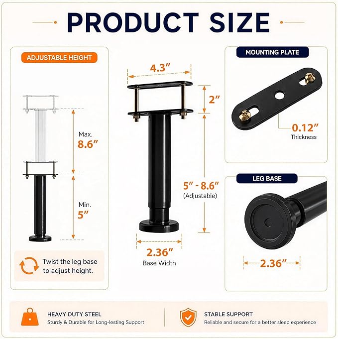 4Pcs Bed Frame Support Leg, Adjustable Height 5"-8.6", Extra Sturdy Steel Bed - Image 2
