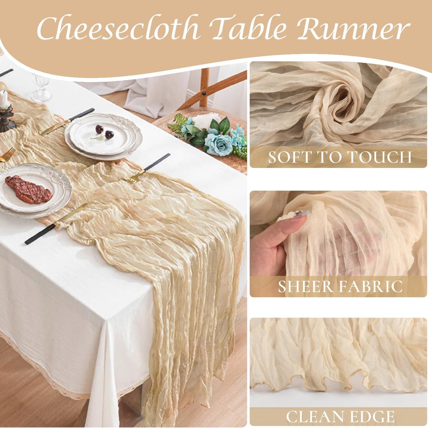 6 Pack Champagne Cheesecloth Table Runners Fall Thanksgiving Cheese Cloth Table Runner 10FT Boho Sheer Gauze Runner 35x120 Inches Long for Bridal Shower Wedding Baby Shower Party Decor