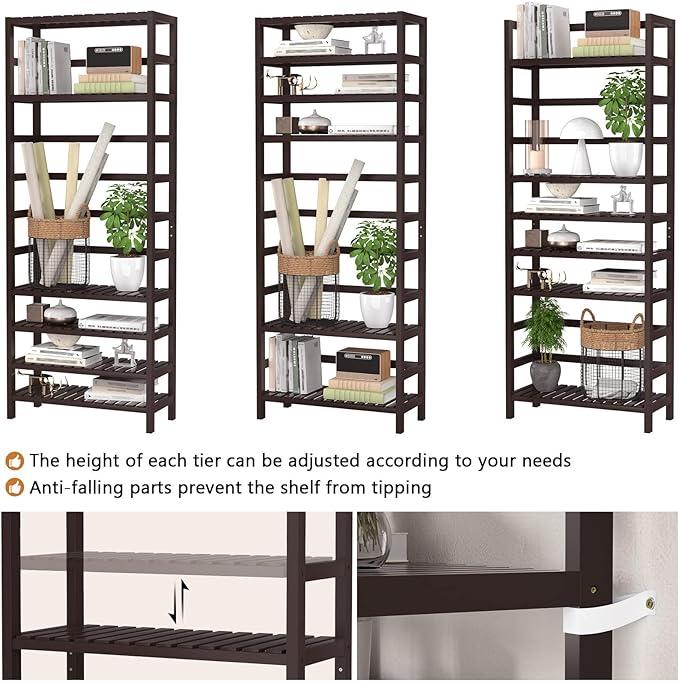 Homykic 6-Tier Bamboo Bookshelves and Bookcases, Adjustable 63.4”Tall Shallow - Image 6