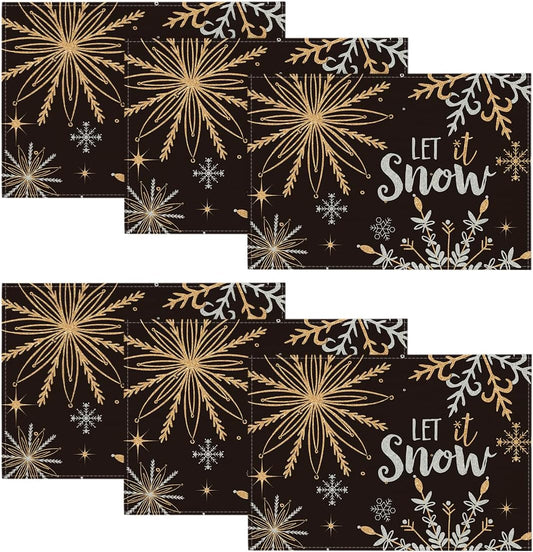 Artoid Mode Black Snowflake Let It Snow Winter Placemats Set of 6, 12x18 Inch Seasonal Christmas Table Mats for Party Kitchen Dining Decoration