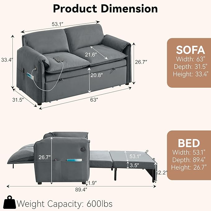 63" Velvet 3 in 1 Convertible Sleeper Sofa Bed, Pull Out Couch Bed Loveseat - Image 2