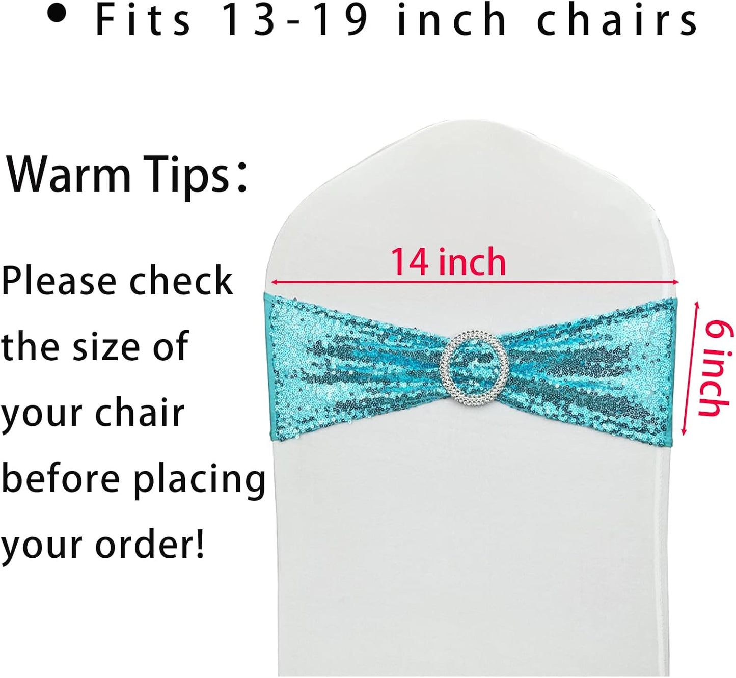 100 Pcs Chair Sashes Sequin Stretch Chair Bands Spandex Polyester Bows for Party Hotel Wedding Banquets Decoration - Aqua
