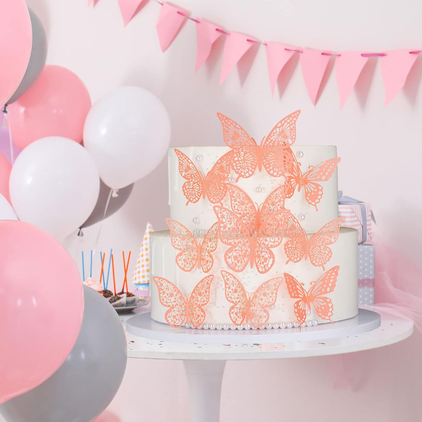 Gyufise 36 Pack Pink Glitter 3D Cupcake Toppers - Hollow Butterfly Cake Decorations for Birthday Wedding Fairy Party - Wall Sticker Decal for Background Wall Decoration