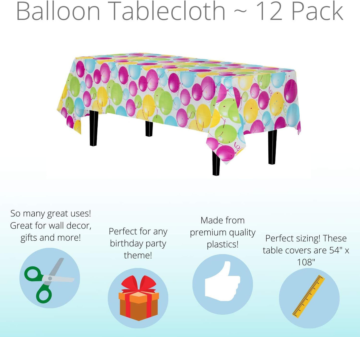Party Solids 12 Pack Premium Quality Balloon Design Plastic Tablecloth - 54 Inches by 108 inches of Fabulous Rectangle Birthday Tablecloth with Balloon Design for 8 Foot Party Table…