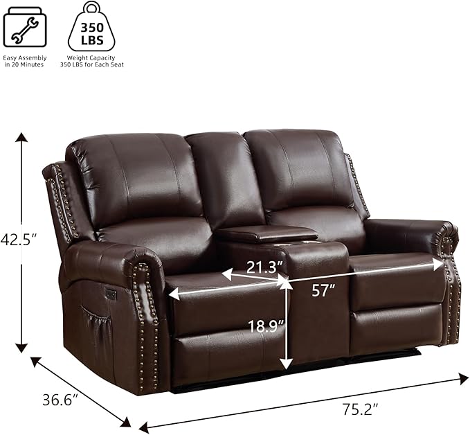 EBELLO Power Reclining Loveseat, Faux Leather Double Recliner Sofa - Image 2