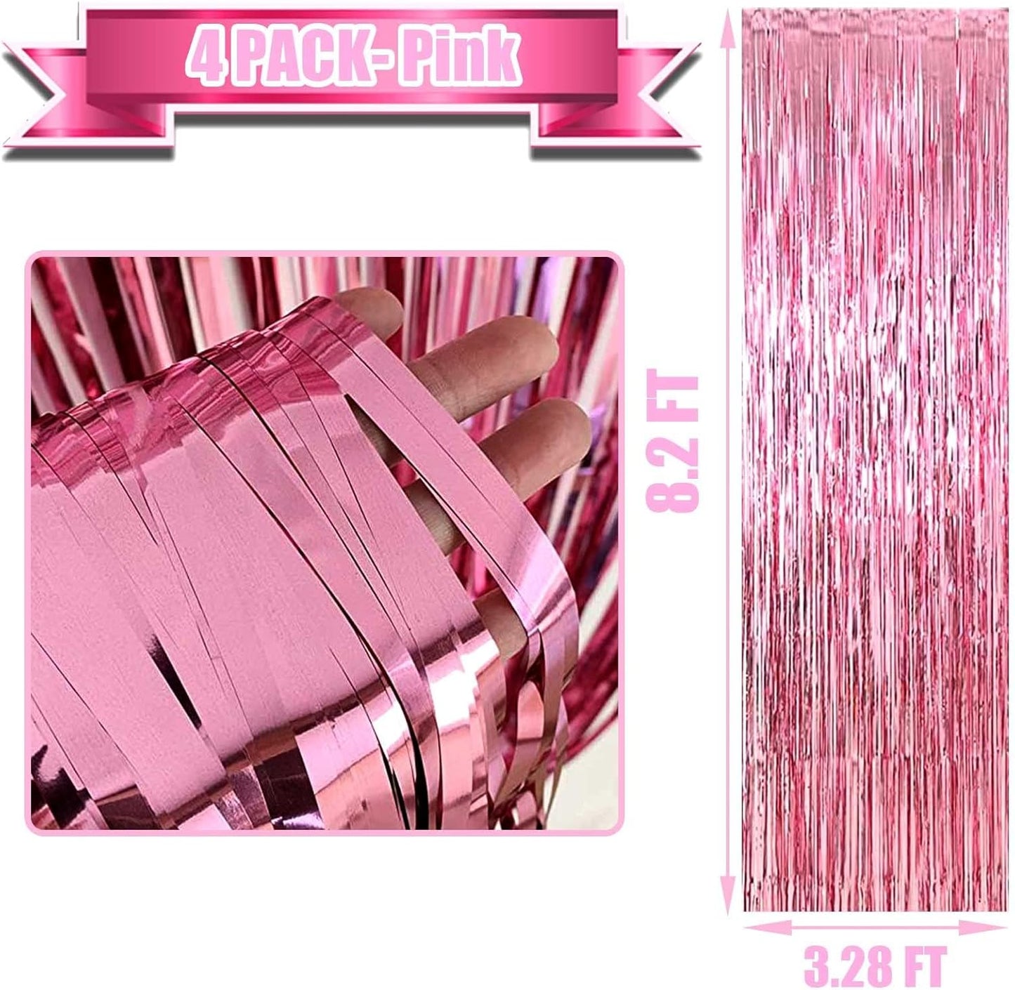 4 Pack Pink Foil Fringe Curtain Backdrop, 3.28Ft x 8.2Ft Metallic Tinsel Foil Fringe Streamer Curtains for Photo Booth Props, Birthday, Wedding, Valentine's Day Decoration Party Supplies New