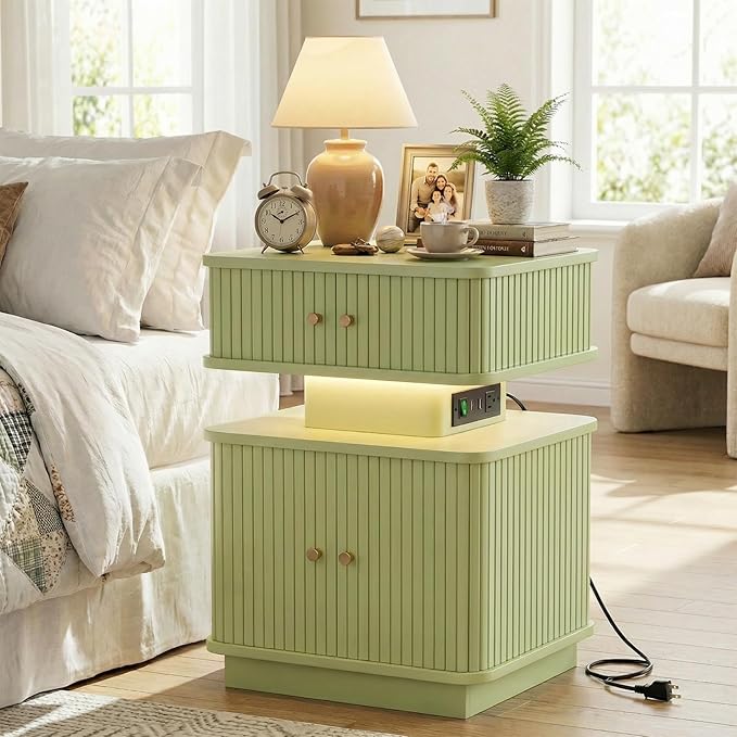 Nightstand with Charging Station, Modern Night Stand with Smart Led Light and 2 by Akmakm