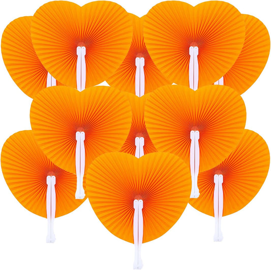 12 Packs Decorative Paper Folding Hand Fans Handheld,Orange Heart Foldable Wedding Fans Chinese and Japanese Fans Bulk for Bridal Guest Church Party Favors Dancing Birthday DIY