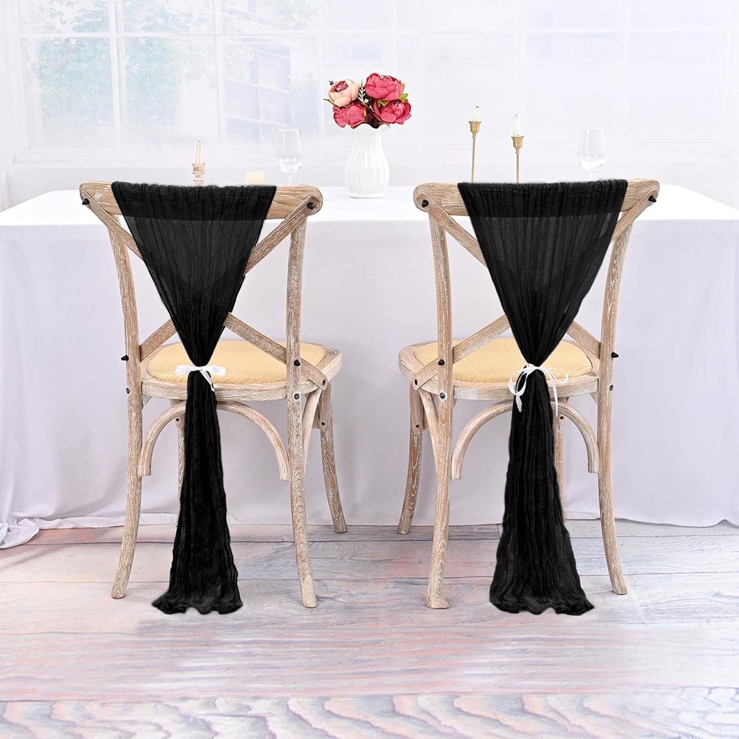 50 PCS Cheesecloth Chair Sashes Bows Wedding Aisle Decorations Chair Ribbon Ties Back Sash for Wedding Party Events Banquet Chair Cover Decoration (Black)