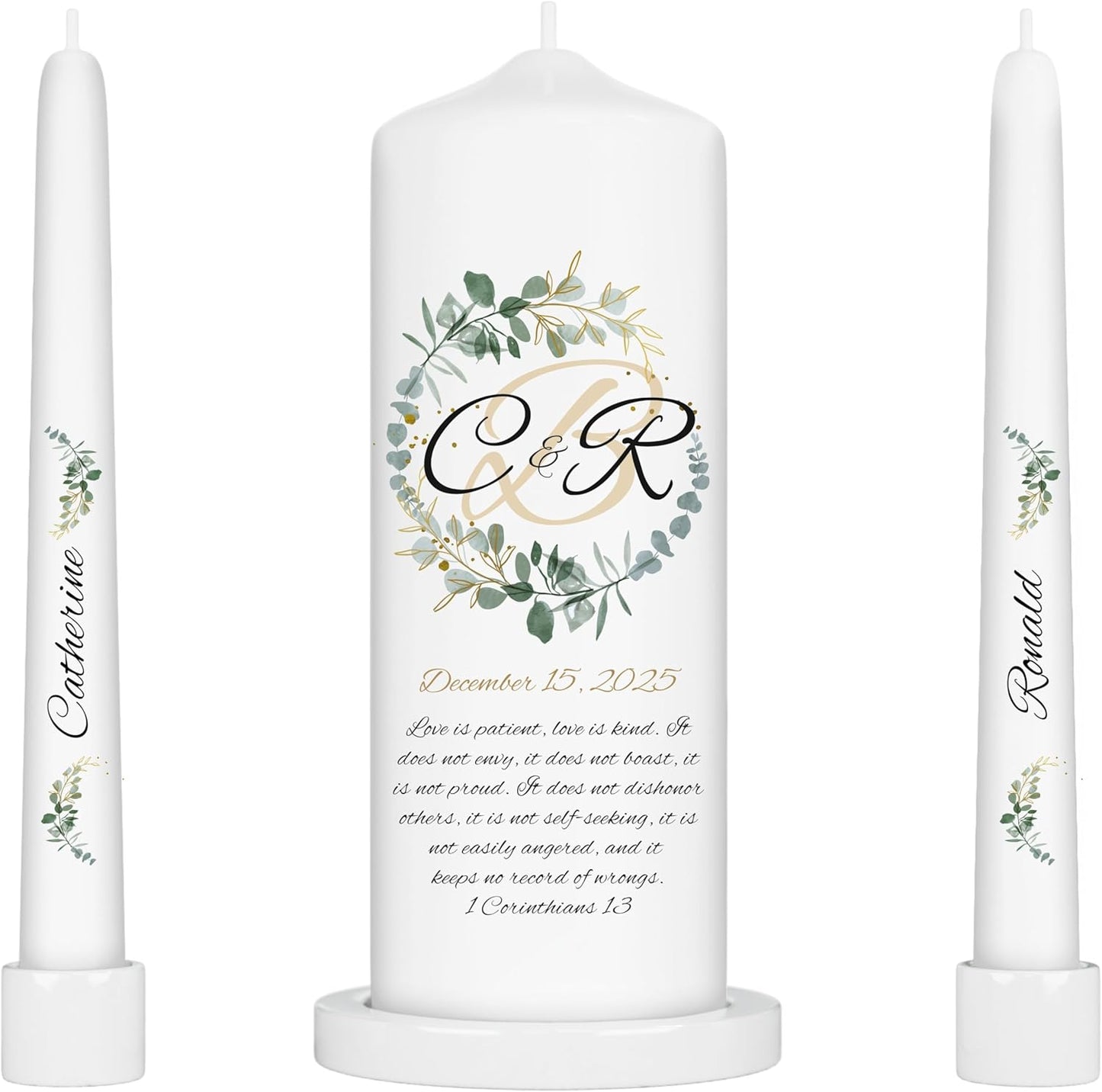 Unity Candles for Wedding, Modern Unity Set, Custom and Personalized Pillar and Taper Candles with Bible Quote, Unscented White Premium Wax, Religious and Wedding Ceremony, Special Events (Zinnia)