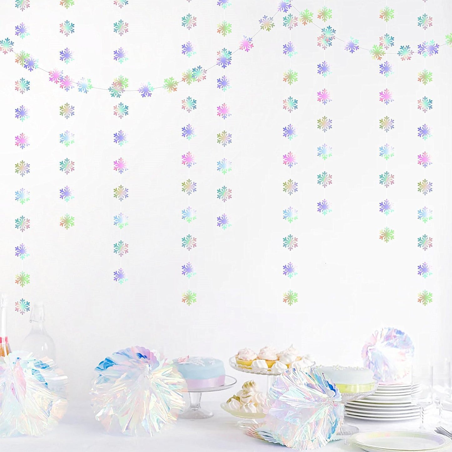 Snowflake-Snow Iridescent-Holographic Christmas Party-Decoration Garland - 52ft Winter Wonderland Frozen Ornaments Hanging Paper Streamers,New Years Birthday Baby Shower Dance Ceiling Decor Hugfond