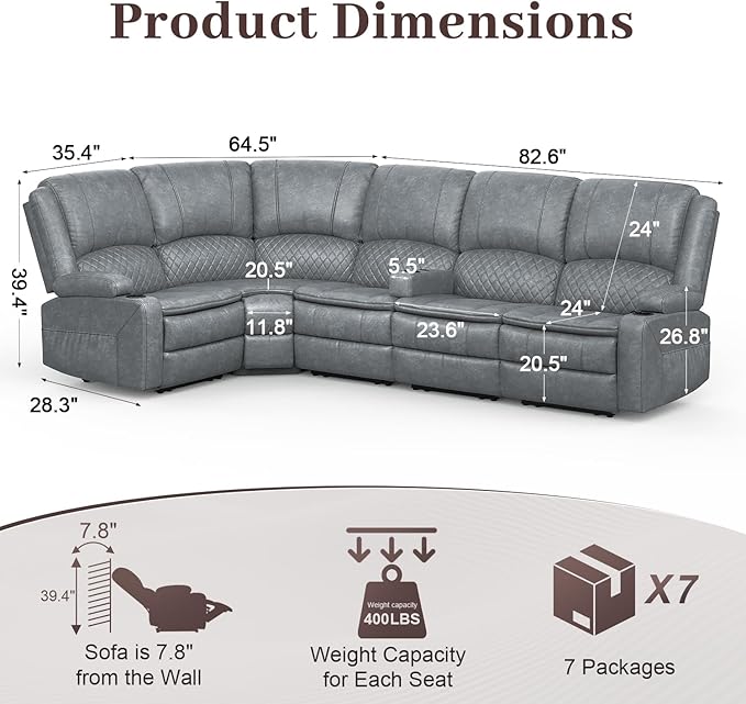 Yolsali Manual Reclining Sectional Sofa Set, 5 Seats 1+1+3 Leather Reclining - Image 2