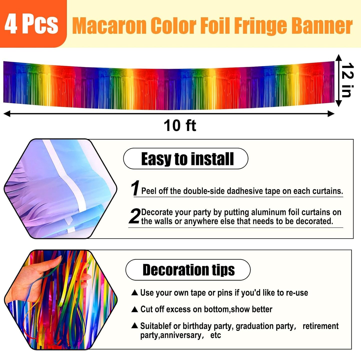 4 Pack 10 Feet Rainbow Foil Fringe Garland Metallic Tinsel Streamers Banner Wall Hanging Curtain Backdrop for Parade Floats, Wedding, Graduate, Mother's Day, Birthday Party Decoration