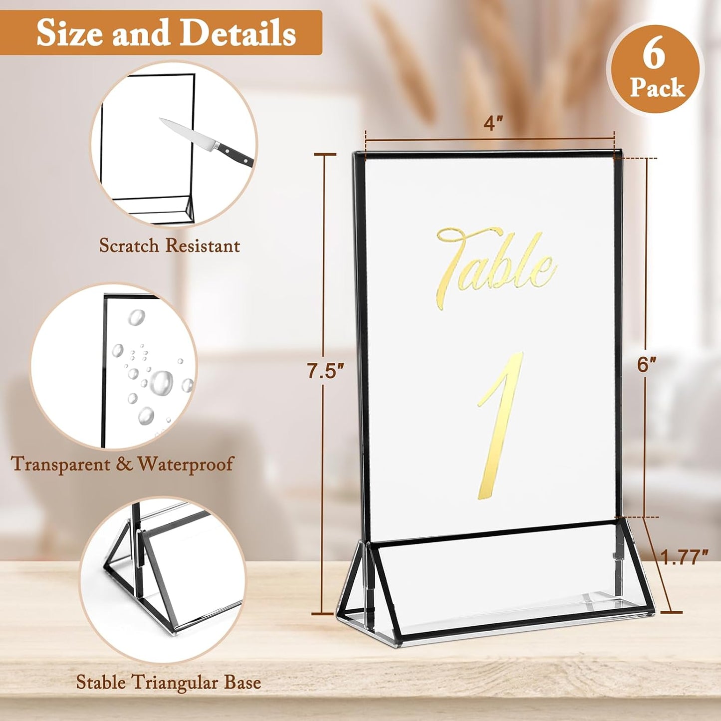 Floroom 6 Pack 4x6 Inch Clear Acrylic Sign Holders, Double-Sided Black Display Stand Picture Frames for Table Numbers, Menus, Flyers, Weddings, and Offices