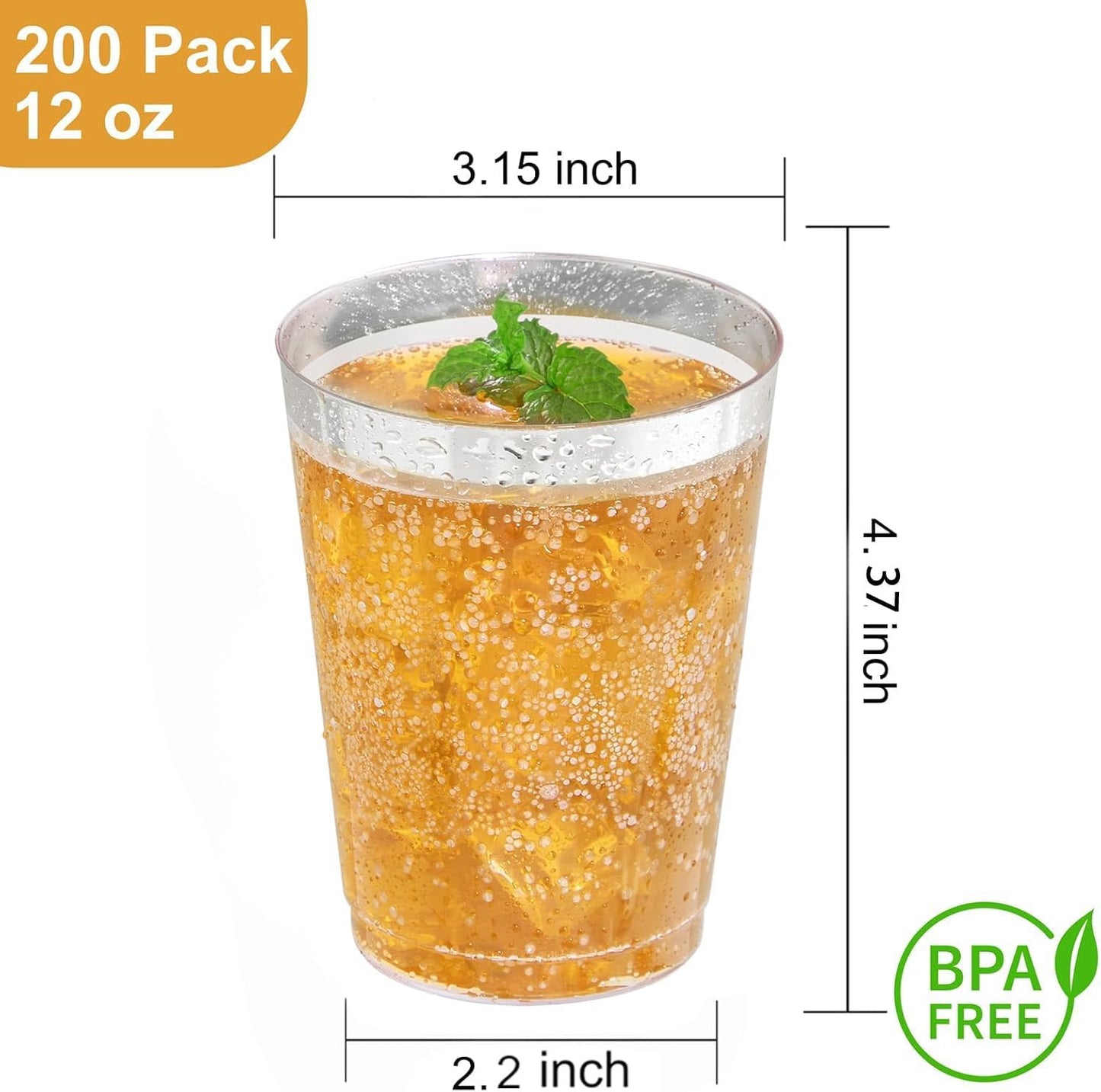 I00000 200 Pack 12 oz Silver Plastic Cups, Silver Rimmed Disposable Cups, Plastic Party Wine Glasses Cocktail Glasses Heavy Duty Cups with Silver Rim, 12 Ounce Tumblers For Party