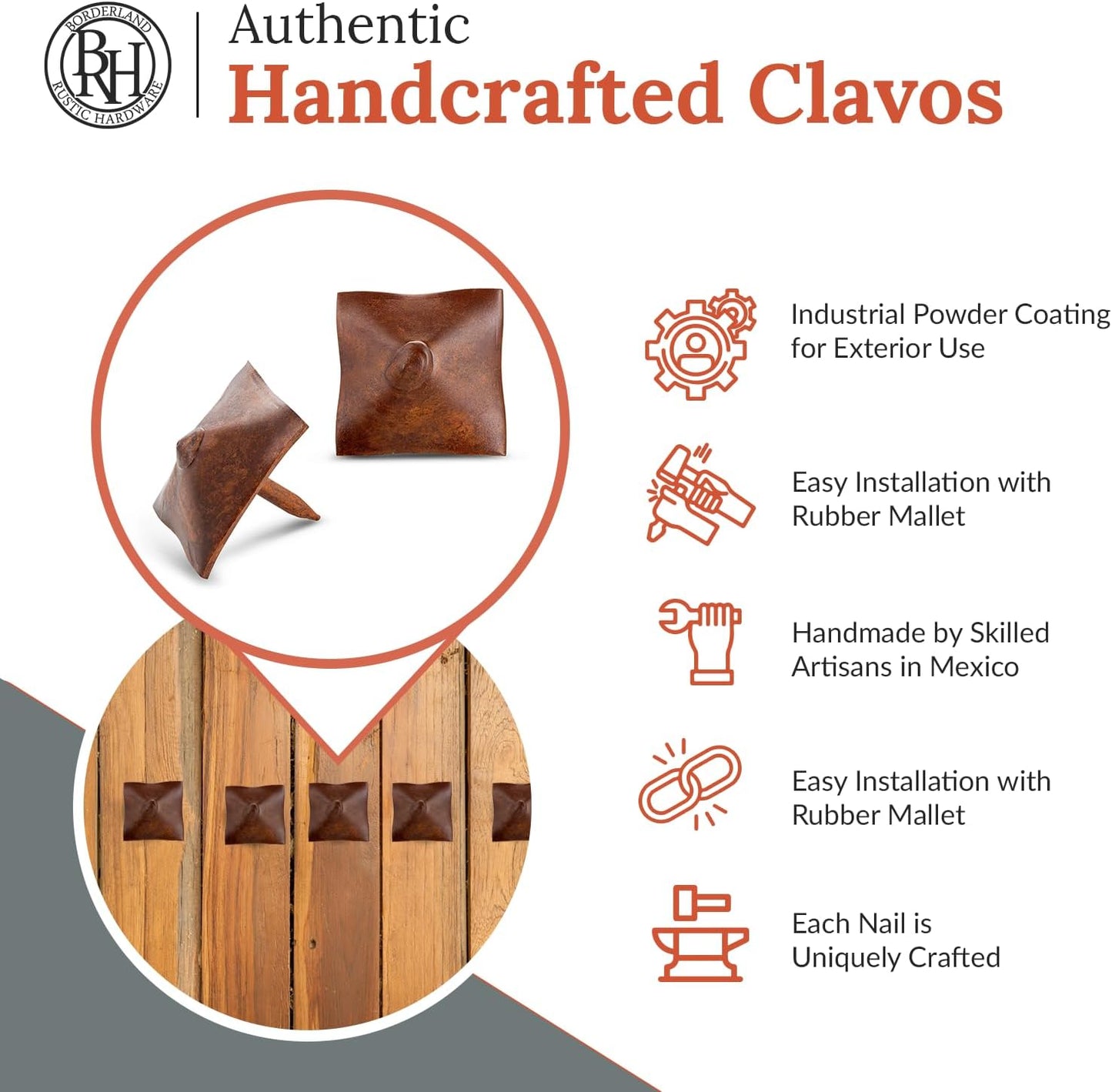 25 Pack 1" Square Head Iron Clavos Decorative Nails – Sealed Rusted – Handmade Rustic Square Fasteners for Farmhouse Shutters, Faux Wood, Barn Doors, Shutters, and Gates – Ornamental Wood Accent