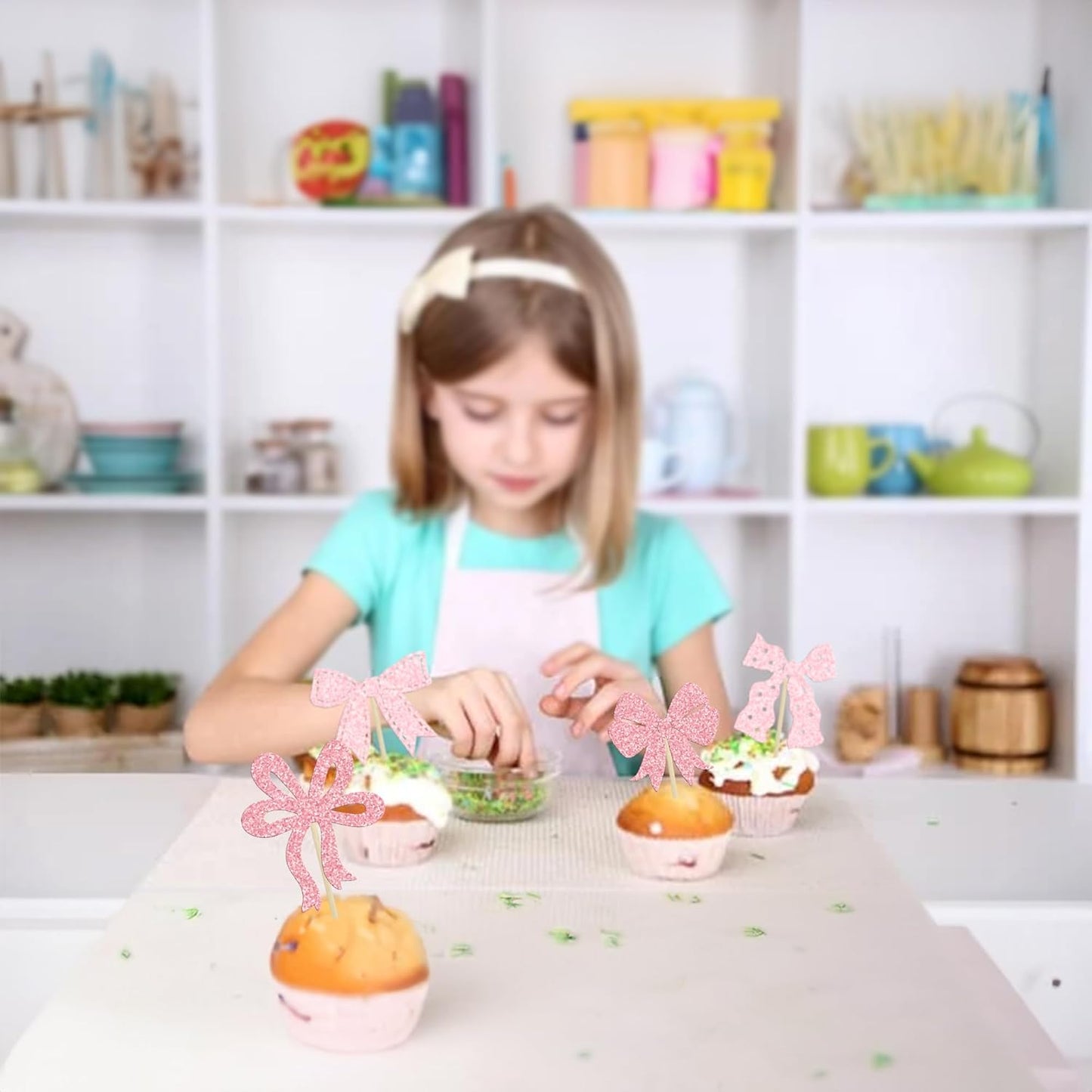 Ephlyn 24Pcs Pink Bow Cupcake Toppers Bow Birthday Cake Topper Girls Birthday Party Decorations Bowknot Cupcake Decorations for Bridal Baby Shower Birthday Wedding Themed Party Multi