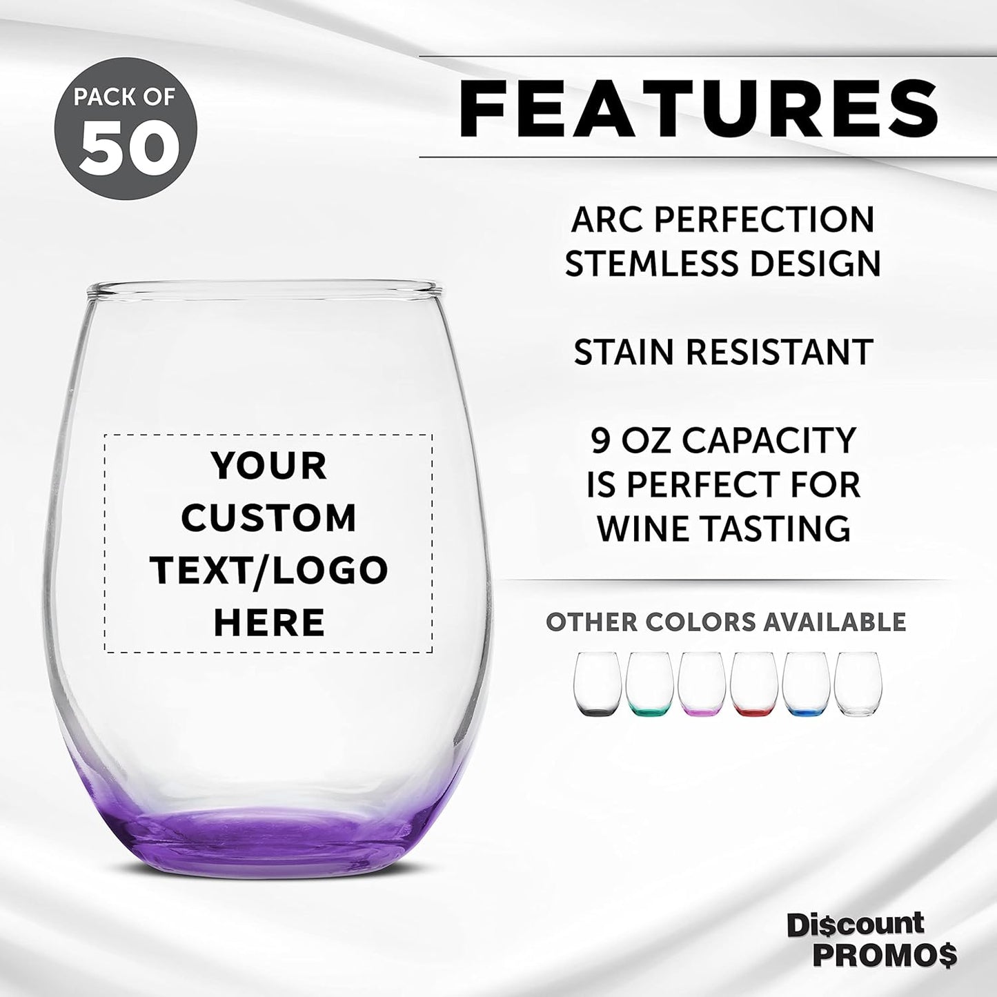 Custom Stemless Wine Glass 9 oz. Set of 50, Personalized Bulk Pack - Great for Wedding Favors, Bachelorette Party Decorations, Party Favors, Color Bottom - Purple