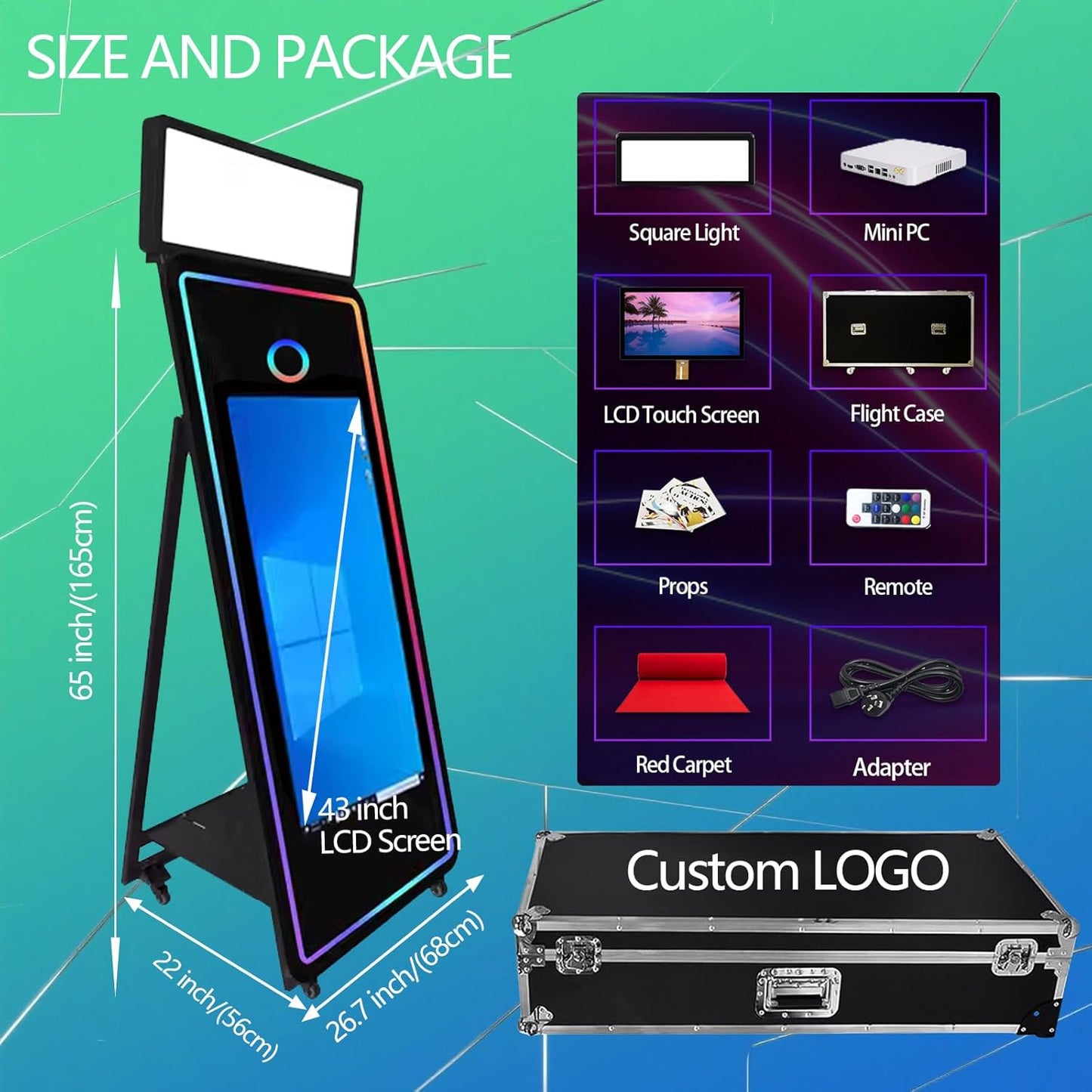 65''Magic Mirror Photo Booth Machine,Mirror Photo Booth 43''Touch Screen,Photo Booth with Flight Case,App Control,RGB Light for Wedding Party Events (Black, Machine)