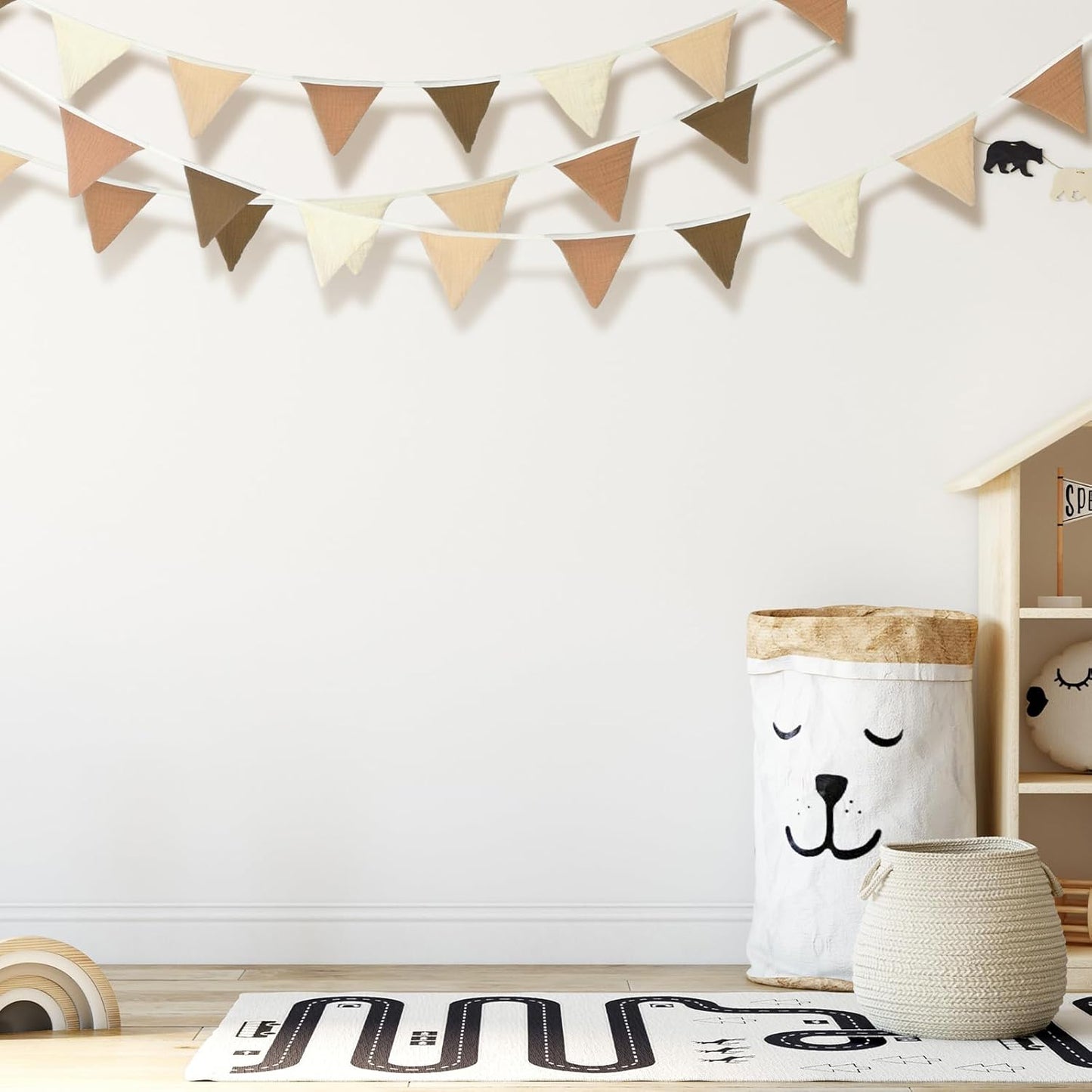 Oudain 15.5 ft Pennant Banner Flags, 2 Pcs Nursery Garland Triangle Bunting Flag Baby Banner for Nursery Decor Baby Birthday Boho Wedding Shower Party Event, Each 7.75 ft(Khaki Colors)