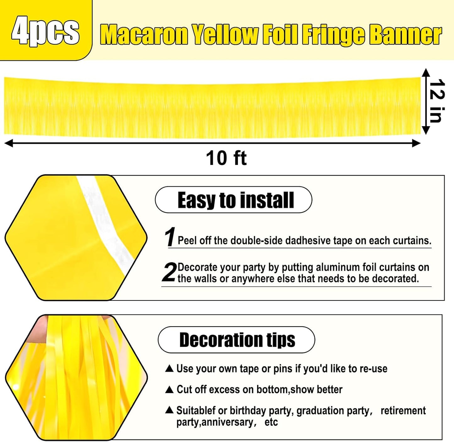 4 Pack 10 Feet Yellow Foil Fringe Garland Metallic Tinsel Streamers Banner Wall Hanging Curtain Backdrop for Parade Floats, Wedding, Graduate, Mother's Day, Birthday Party Decoration