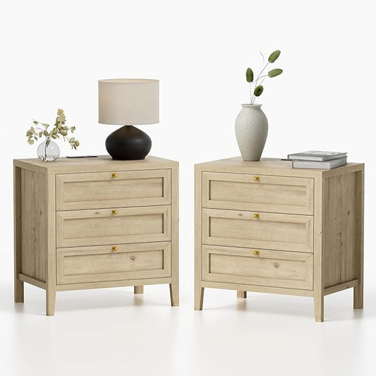 EYYTHUNG 3 Drawer Nightstand Set of 2, Farmhouse Large Bedside End Table by EYYTHUNG