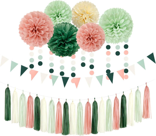 Sage-Olive Green Pink-Beige Boho Party Decorations -23pcs Rustic Neutral Wedding Paper Tissue Pom Poms Streamers,Tassel Garland Banner,Birthday Baby Bridal Shower Engagement Decor Lasting Surprise