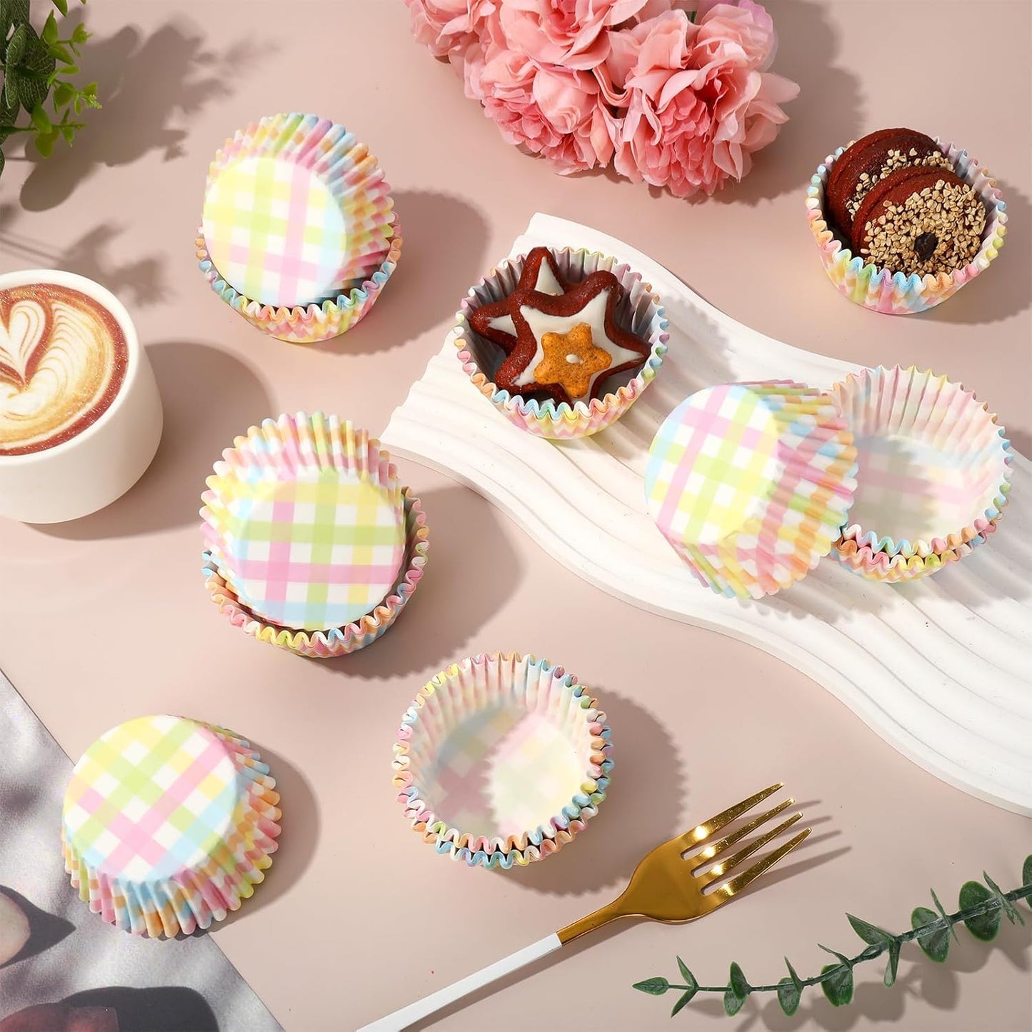 Whaline 300Pcs Pastel Plaid Paper Baking Cups Colorful Checkered Cupcake Liners Muffin Liner Cake Paper Cups Storage Container for Spring Party DIY Craft, 2x1.2 Inch