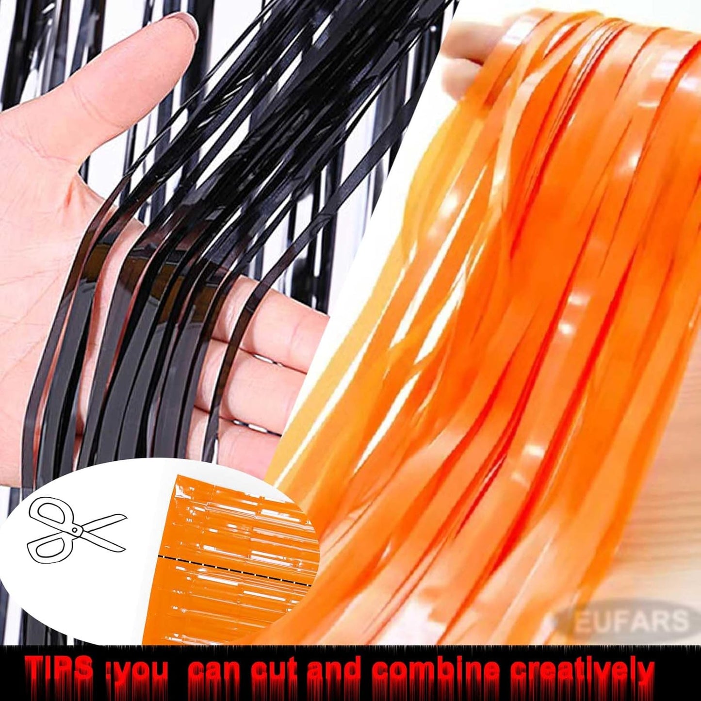 Foil Fringe Curtains-4 Pack of 3.2x8.2ft Orange Black Foil Fringe Curtains for Birthday Halloween Photo Backdrop Party Decorations, Orange and Black Party Streamers for Photo Booth Props