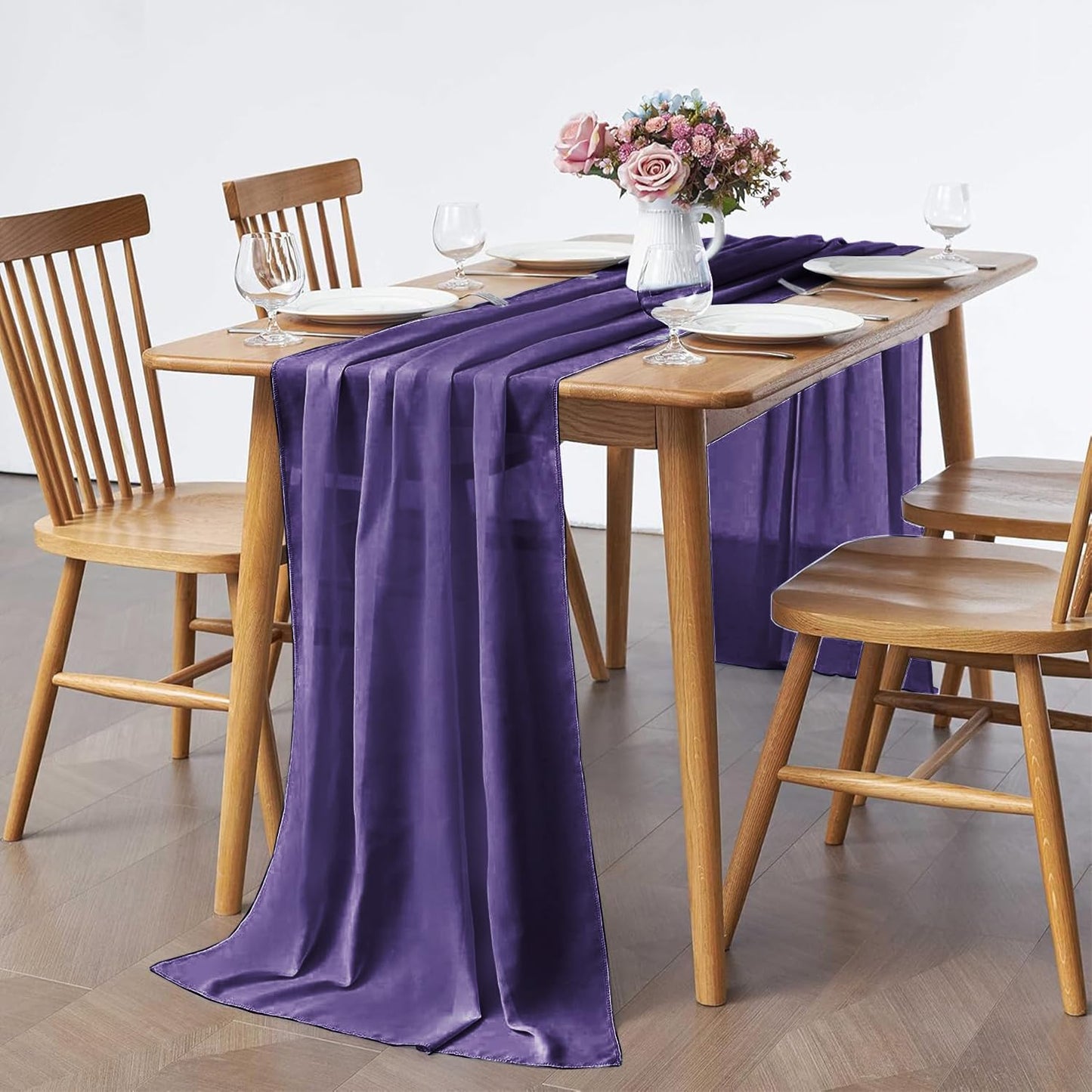 5 Pack 10Ft Chiffon Purple Table Runner Sheer 29x120 Inch for Romantic Wedding Decor Bridal & Baby Shower Birthday Rustic Party Decoration