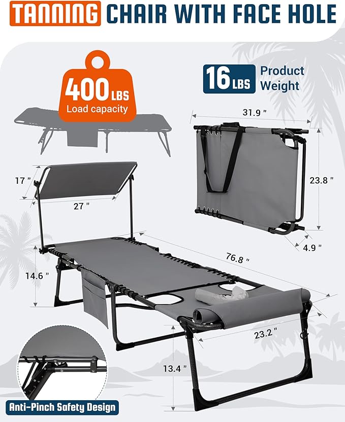 KingCamp Lounge Chair with face Hole & Canopy Shade, 400LBS Folding Portable - Image 2