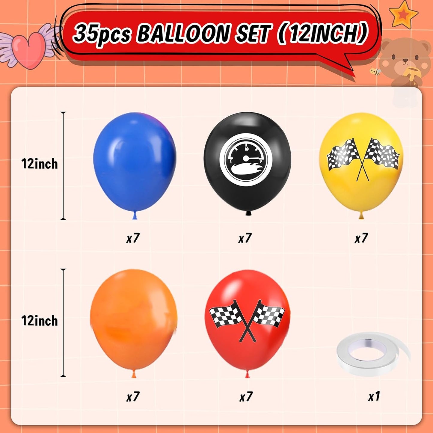 Race Car Balloons, 12 Inch Blue Black Yellow Orange Red Checkered Flag Car Balloons for Boy Race Cars Themed Birthday Graduation Baby Shower Backdrop