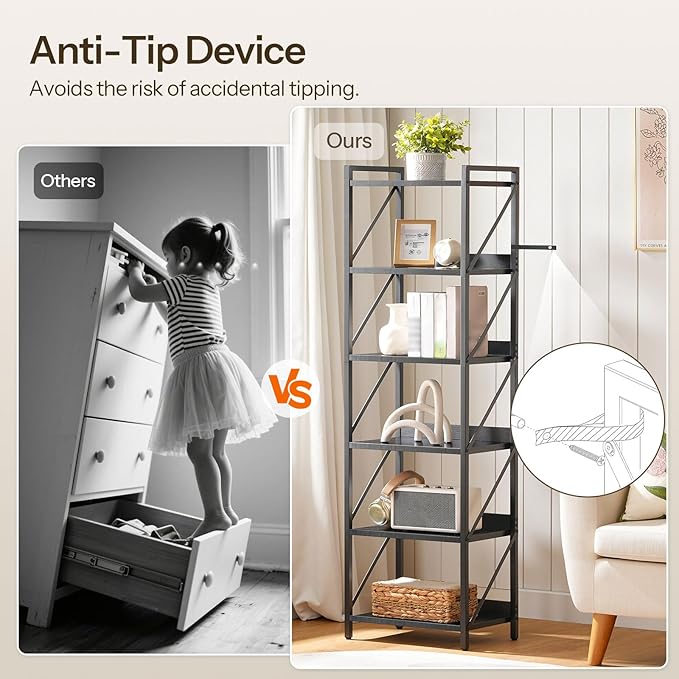 HOOBRO Bookshelf, 6-Tier Industrial Bookcase, Book Shelf Storage Organizer - Image 7