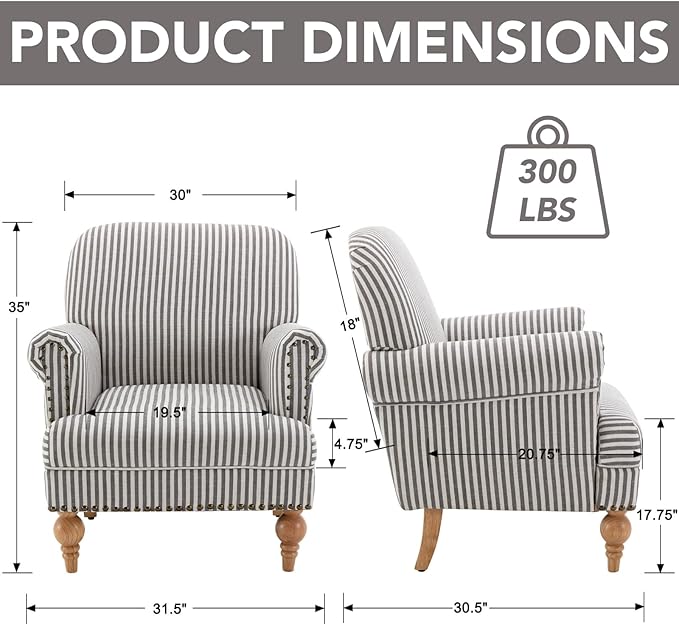 Black Striped Linen Fabric Accent Chair, Modern Farmhouse Upholstered Armchair - Image 2
