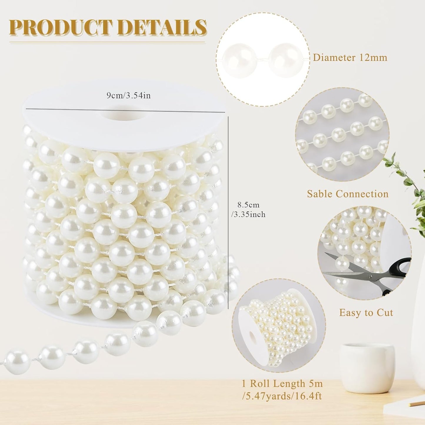 12mm Pearl Beads String, Ivory Pearls for Crafting Imitation Decorative Beads Garland 5.5 Yds, Wedding Party Valentine Christmas Tree Decorations