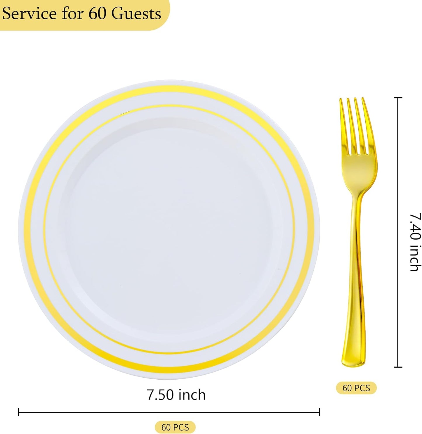 120pcs Gold Dessert Plates with Forks for 60 Guests-60pcs 7.5" Small Plastic Dessert Plates and 60pcs 7.4" Forks-Disposable Cake/Appetizer/Salad Plate for Wedding,Birthday and Party