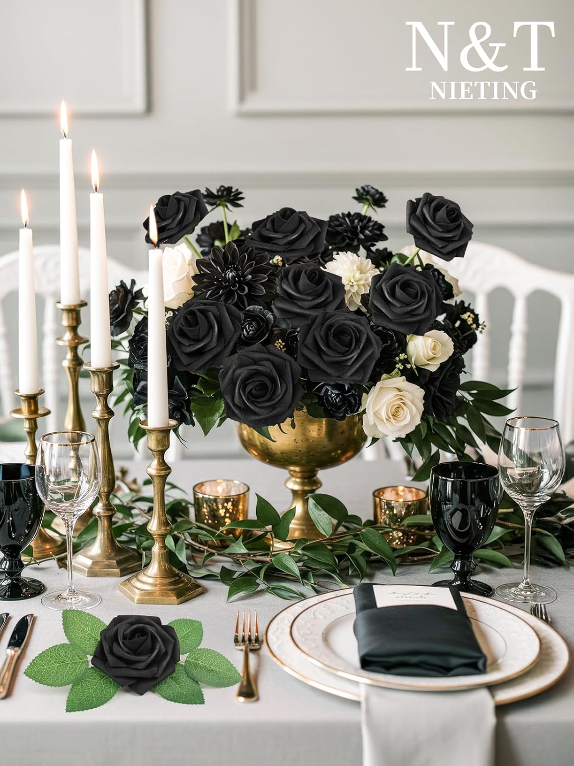 N&T NIETING Artificial Flowers Black Rose 50pcs Real Touch Flowers Perfect for for DIY Bouquets Wedding Party Baby Shower Home Decoration