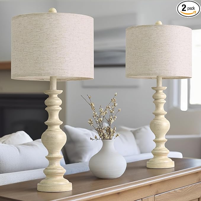 BOBOMOMO 27" Antique White Table Lamps Set of 2, Large Vintage Resin Lamps by BOBOMOMO