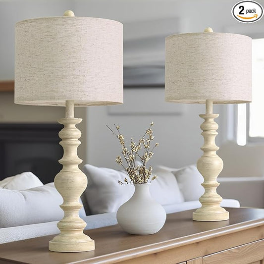 BOBOMOMO 27" Antique White Table Lamps Set of 2, Large Vintage Resin Lamps by BOBOMOMO