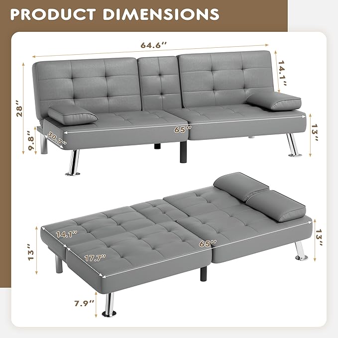 Homall Futon Sofa Bed, Leather Futon Couch - Image 3