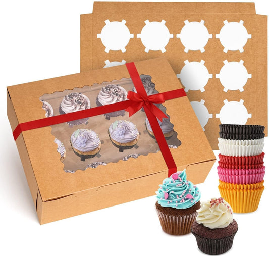 Rarapop 6 Pack Cupcake Boxes Hold 12 Standard Cupcakes, Food Grade Cupcake Holders Bakery Carrier Boxes with Windows and Inserts for Cupcakes, Muffins and Pastries